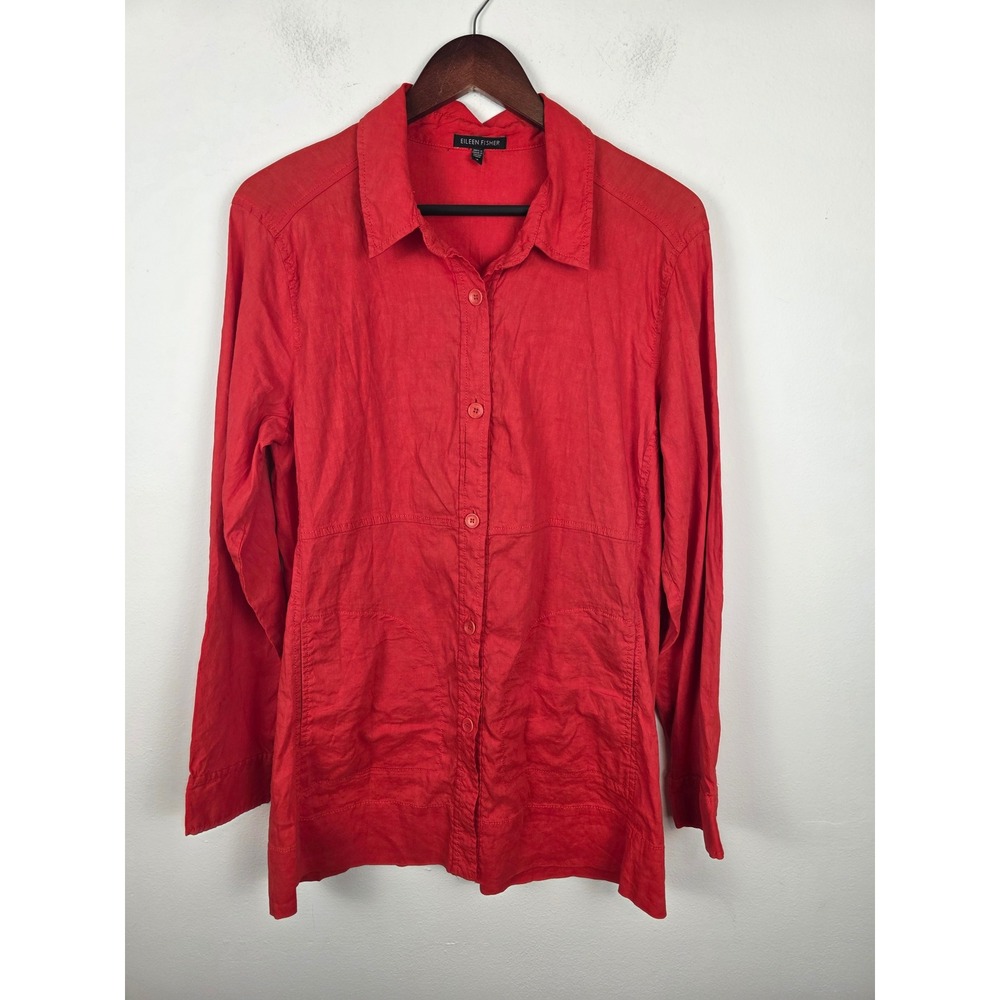 EILEEN FISHER Red Linen Blend Long Sleeve Button Front Shirt Women's Medium